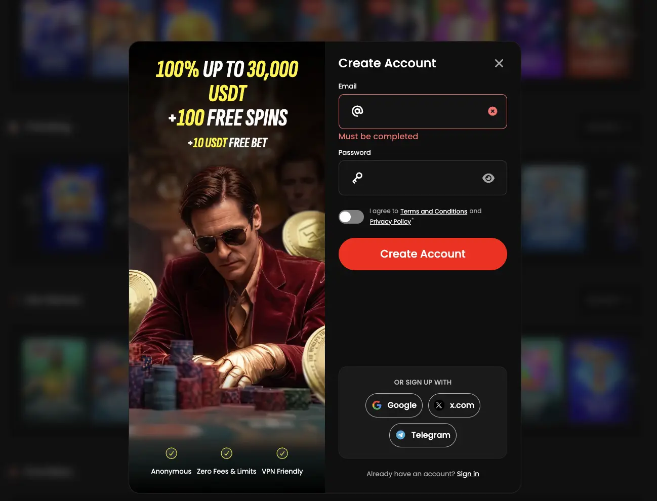 Online casino registration form